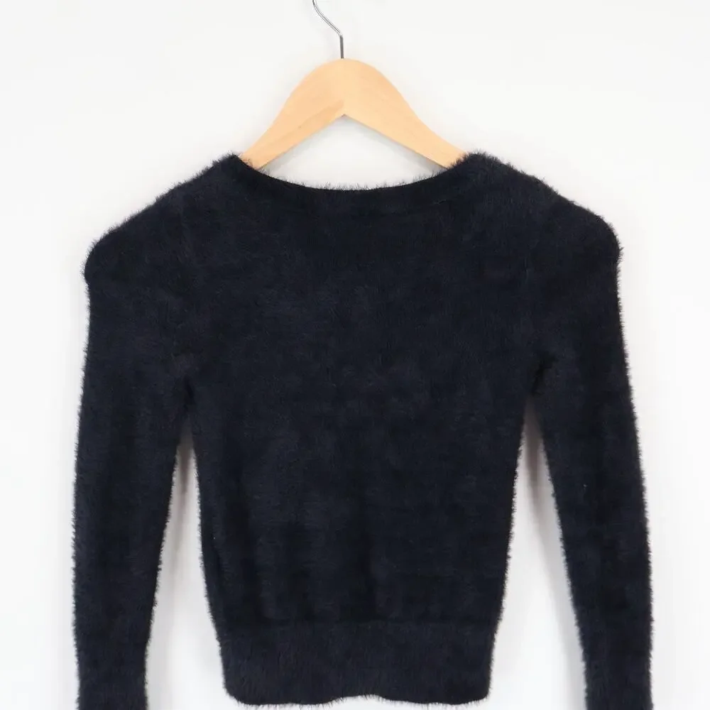 Abercrombie & Fitch Kids Fuzzy Eyelash Knit V Neck Pullover Black Sweater  5/6